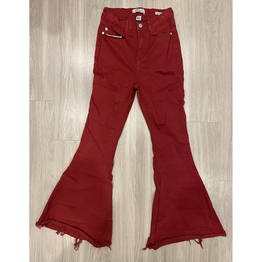 Judy Blue Super Flare Jeans Denim Red Stretch Western Raw Hem Size 27 5/27